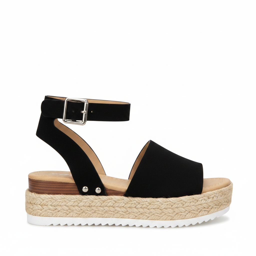 Women's black suede espadrille platform sandal side profile, ankle strap with silver buckle, braided jute platform, wood midsole - Soda