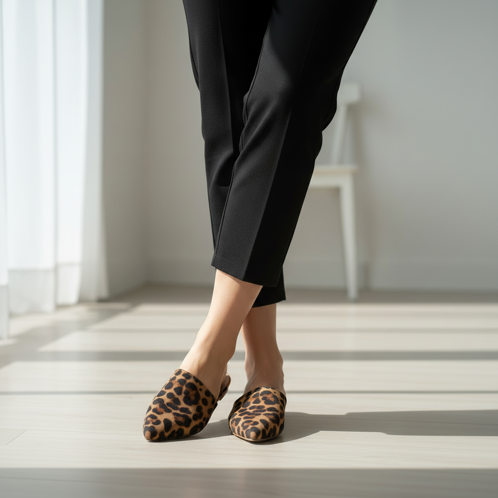 Person wearing black pants and leopard print shoes on a light wooden floor.