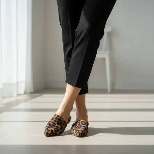 Person wearing black pants and leopard print shoes on a light wooden floor.