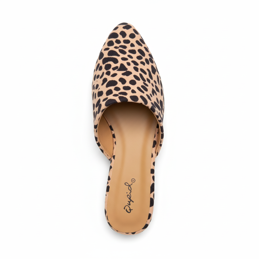 Women's tan leopard spot print pointed-toe mule, top-down view showing cheetah print upper and tan cushioned footbed, white background