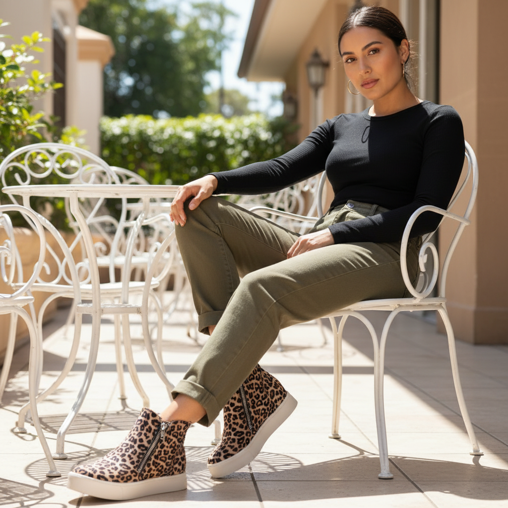 Women's oatmeal leopard sneaker bootie, silver side zipper, seated at outdoor café patio with olive jeans