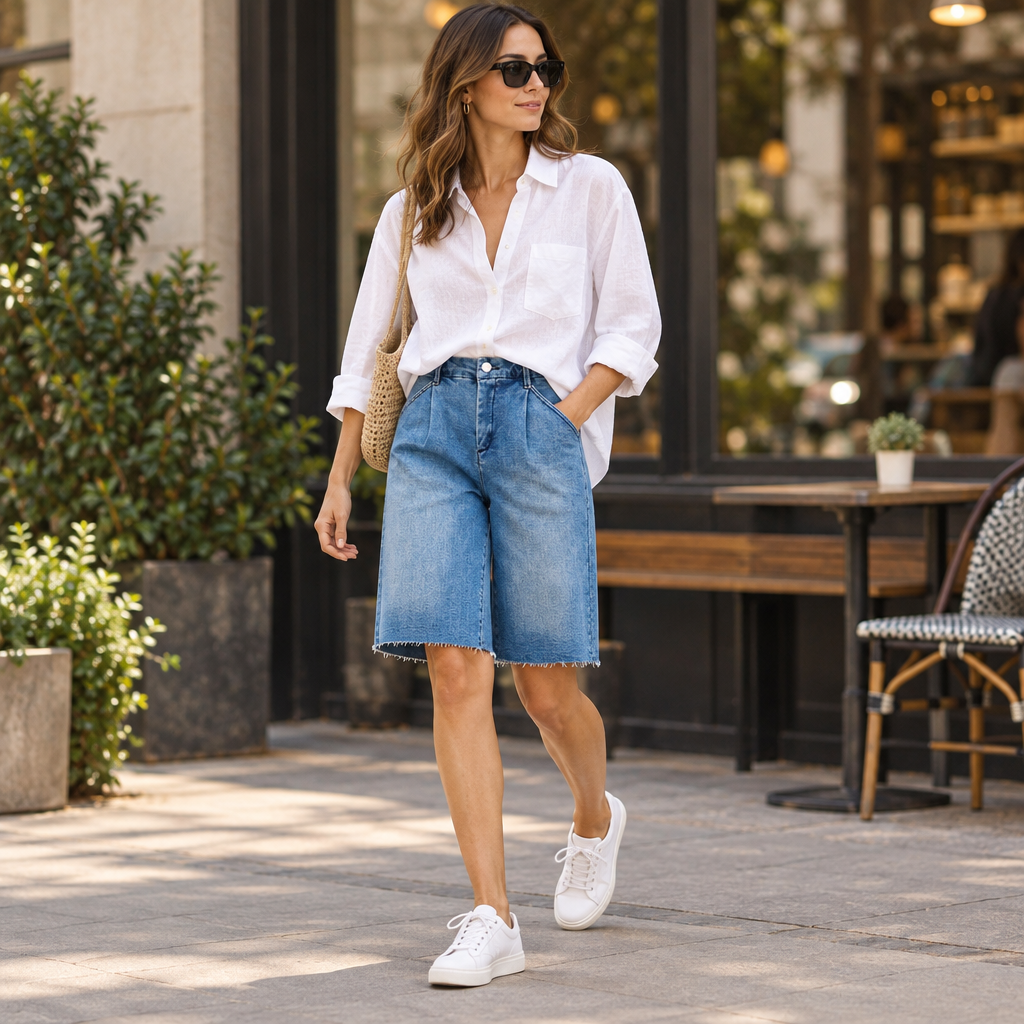 Risen Jeans women's blue slouchy wide leg denim jorts worn walking past a coffee shop
