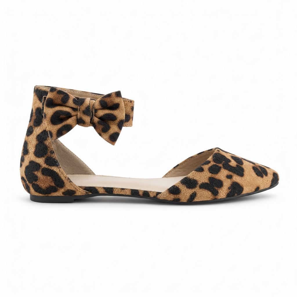 Faryl Robin BLUSH-100 leopard pointed-toe flat, inner-side profile view with beige lining visible on white background