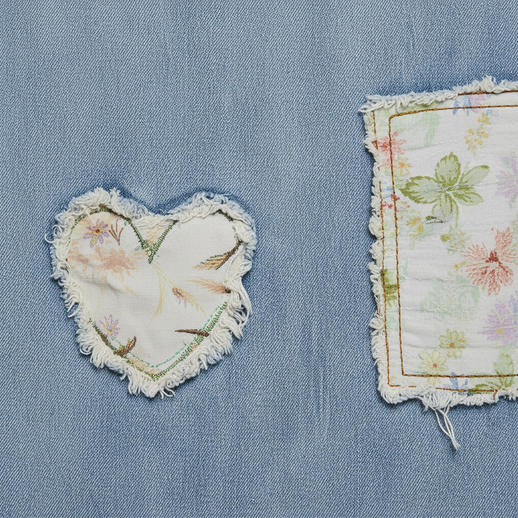Close-up of frayed heart appliqué with floral embroidery and vintage fabric patch on light blue acid wash denim