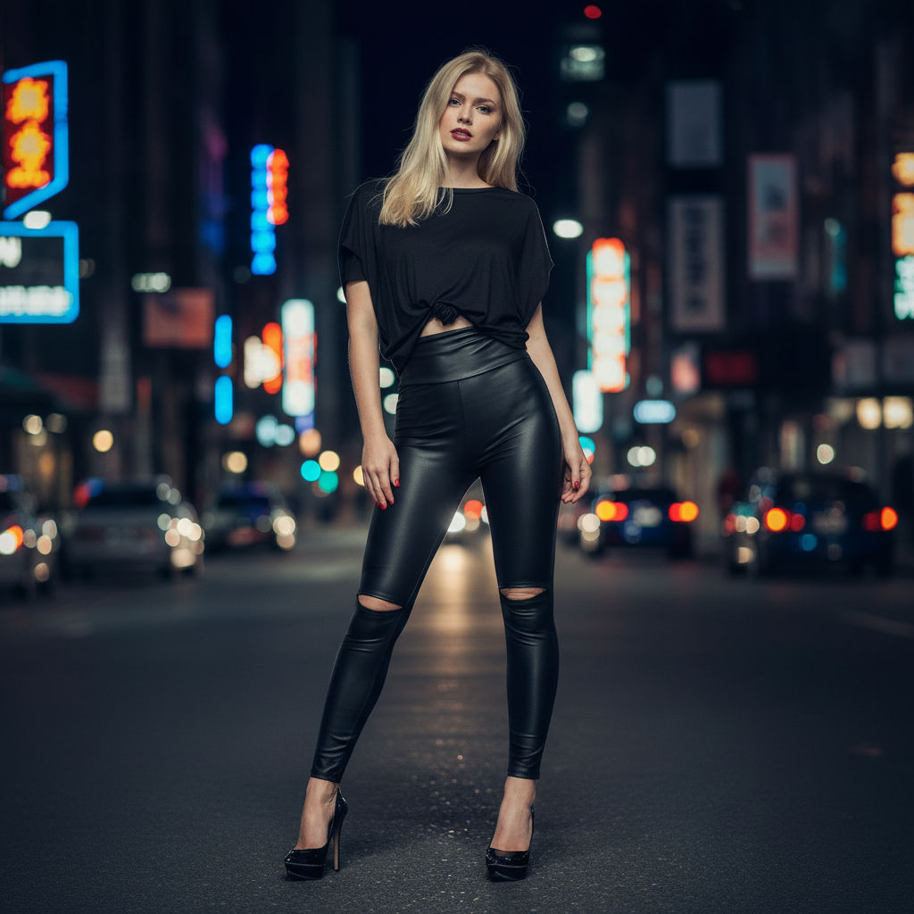 Woman in black outfit standing on a city street at night with neon lights.