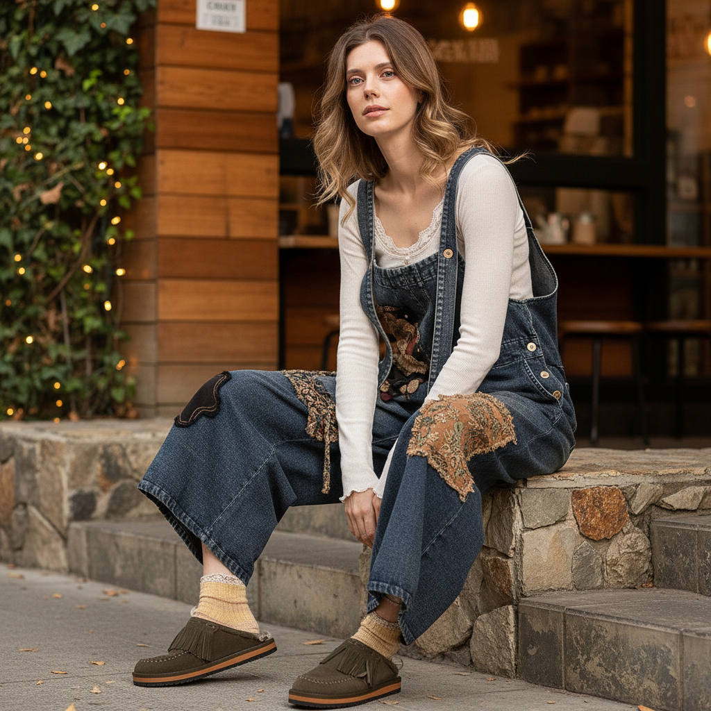 Bluevelvet women's denim patchwork overalls seated at coffee shop, earth-tone patch detail