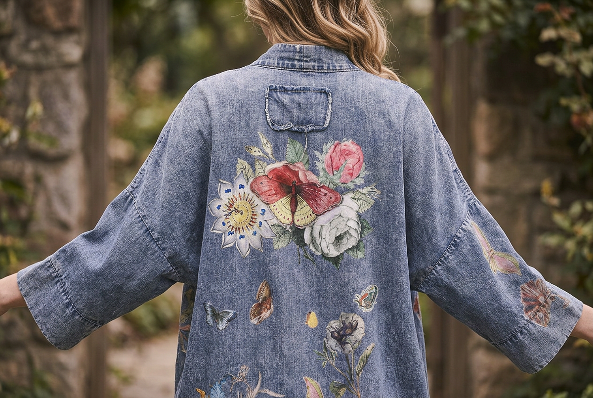 Blue Velvet blue kimono upper-back detail with floral bouquet, butterfly print and stitched patch