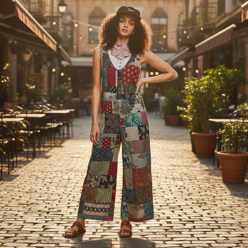 Women's multicolor patchwork wide leg jumpsuit sleeveless boho relaxed fit - BellanBlue