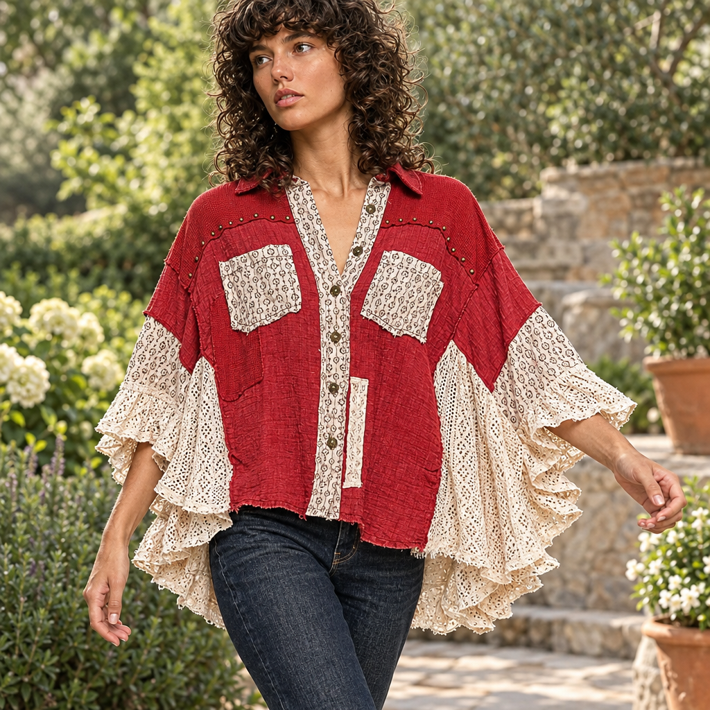 POL Clothing women's ruby red double-gauze shirt with lace sleeves, walking on garden path