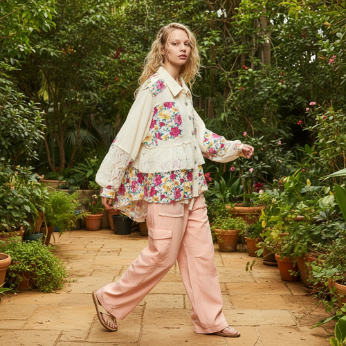 Women's Bluevelvet cream floral patch oversized top with lace ruffle hem, garden patio brunch styling