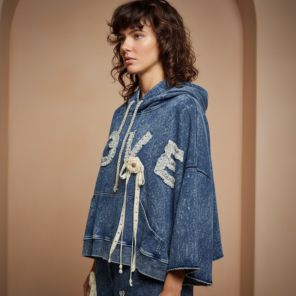 Close-up of POL Clothing LOVE crochet lace applique hoodie in indigo wash, braided drawstring detail