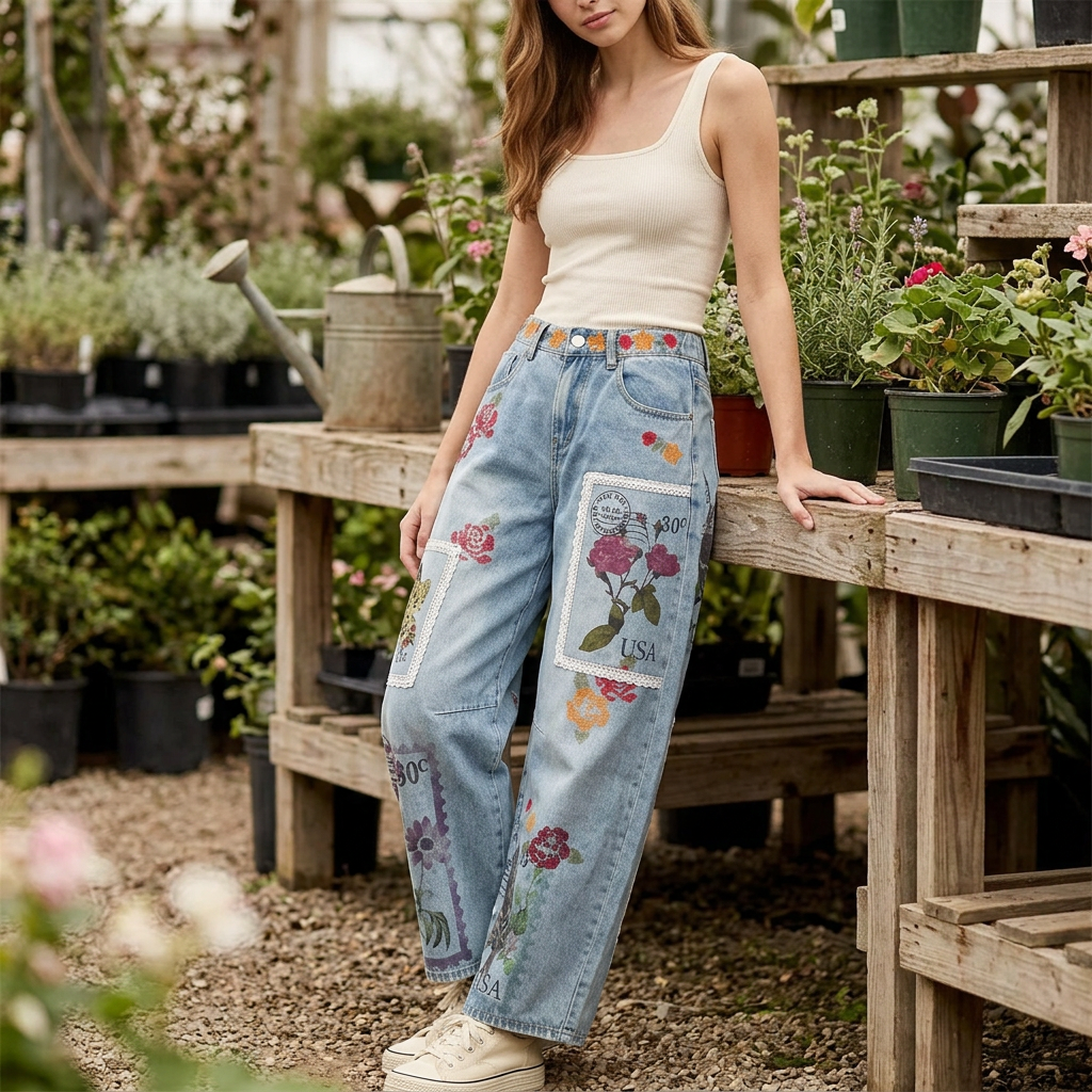 Woman leaning beside a nursery bench in blue postage print barrel jeans and cream sneakers