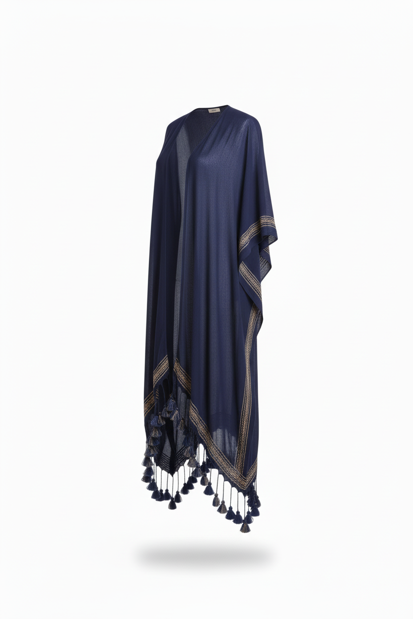 Navy women’s longline tassel trim kimono wrap angle view