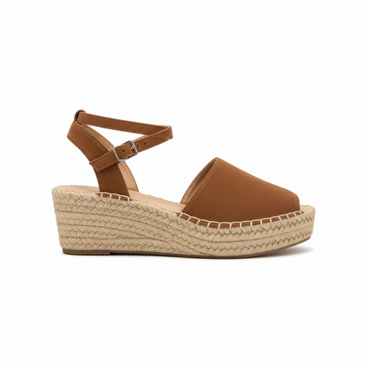 Brown suede espadrille wedge sandal - side profile showing platform height and jute detail