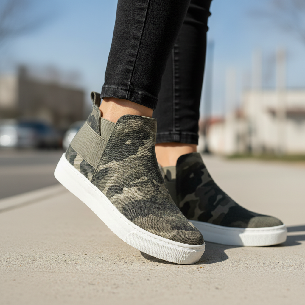 Camouflage sneakers worn with black jeans on a blurred street background