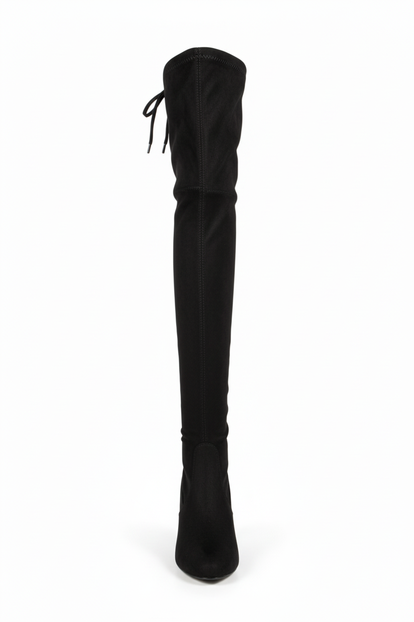 Women's black over-the-knee thigh-high boots with block heel - front view showing sleek silhouette and adjustable back tie detail