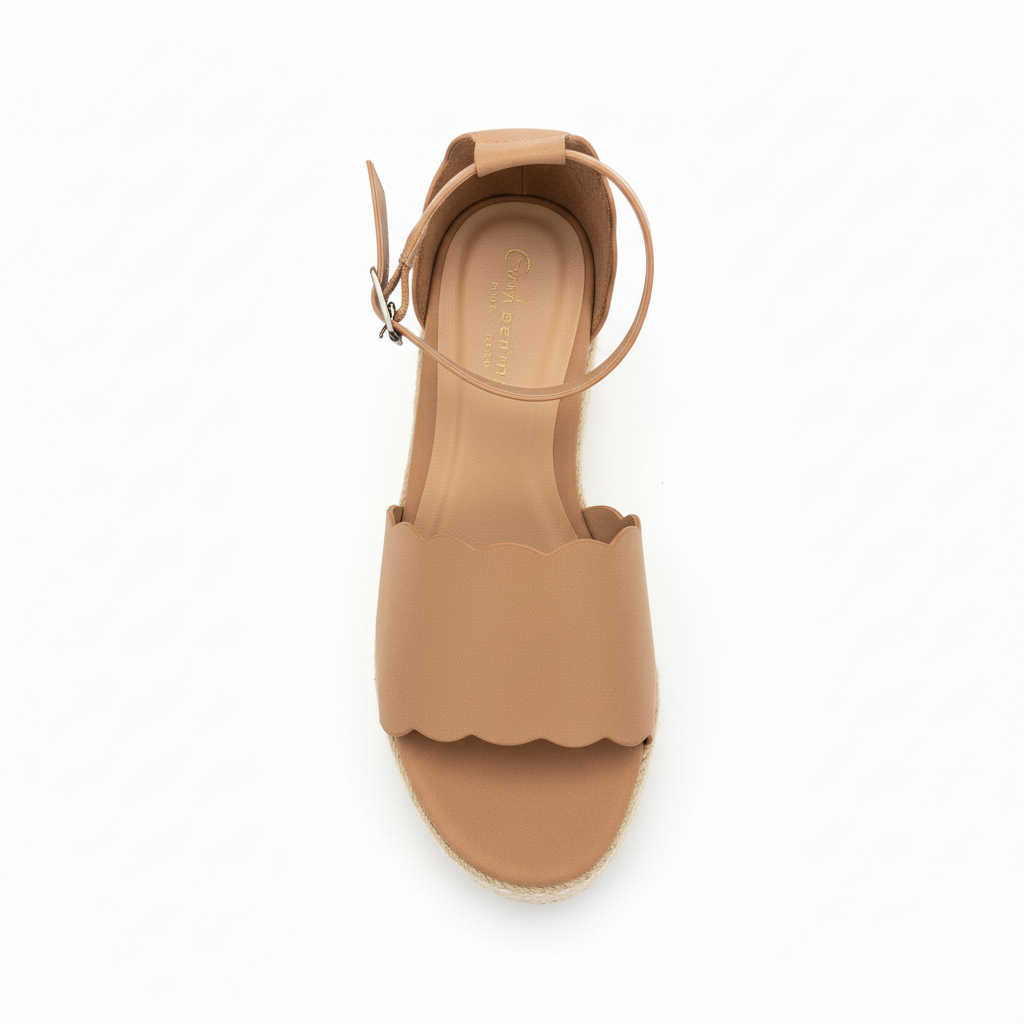 Top view of scalloped espadrille wedge sandals showing footbed and ankle strap detail