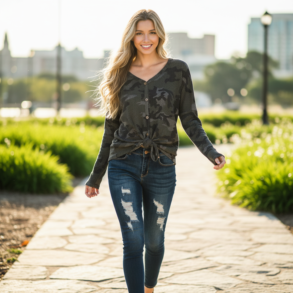 Women's camo print long sleeve top with front tie hem worn walking outdoors, styled with dark wash jeans