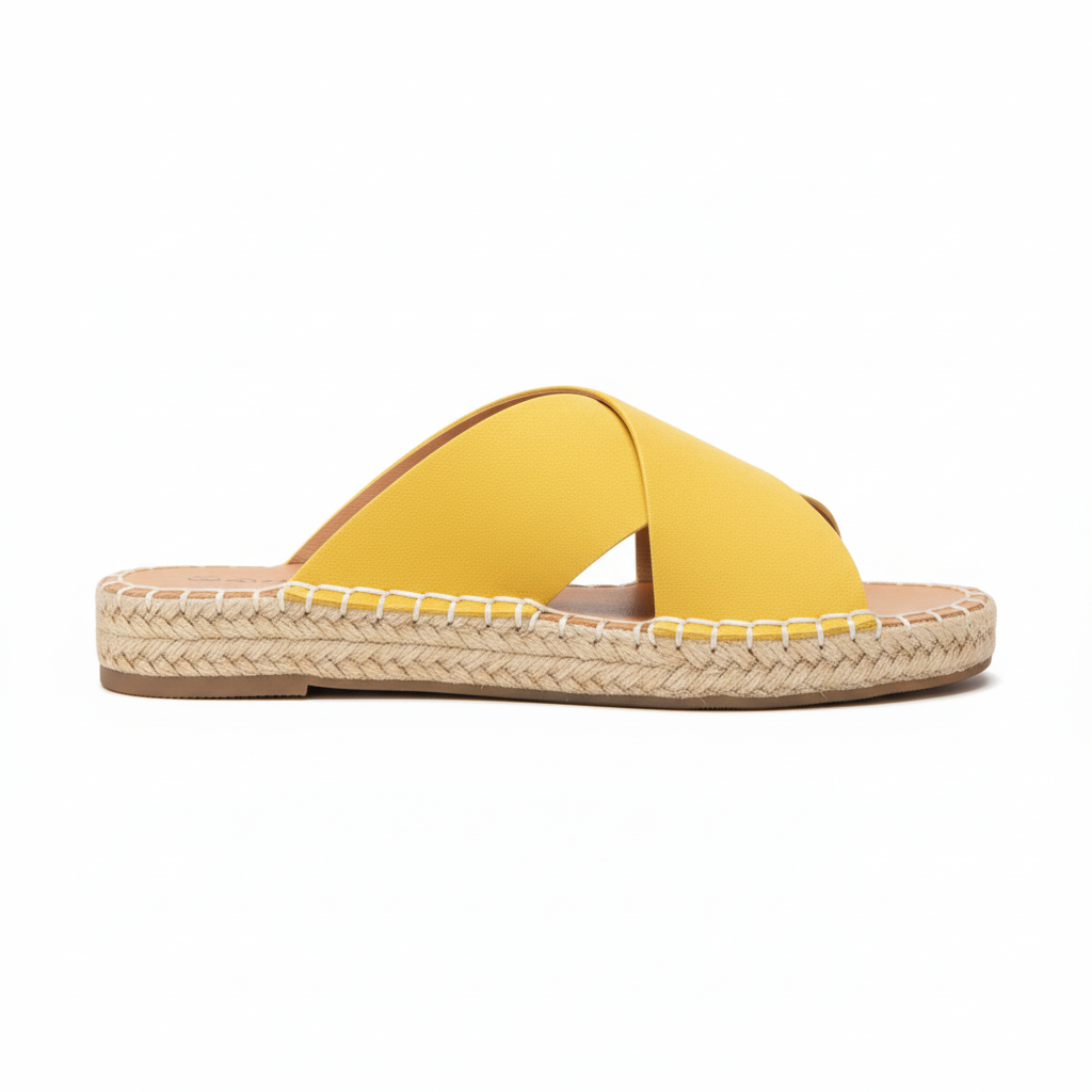Yellow crisscross espadrille slide sandals - side view showing braided jute platform and faux suede straps