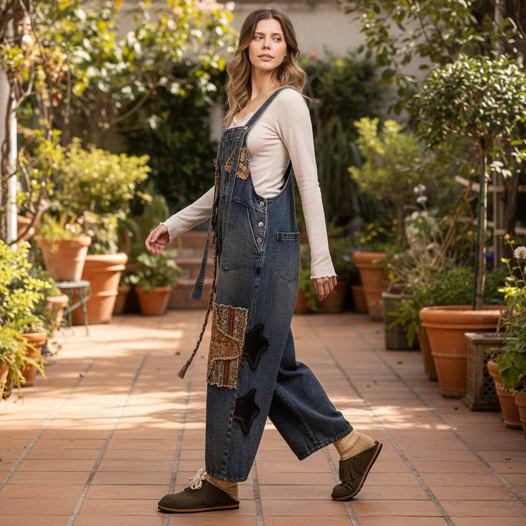 Bluevelvet women's denim patchwork overalls walking pose, garden patio, wide-leg silhouette