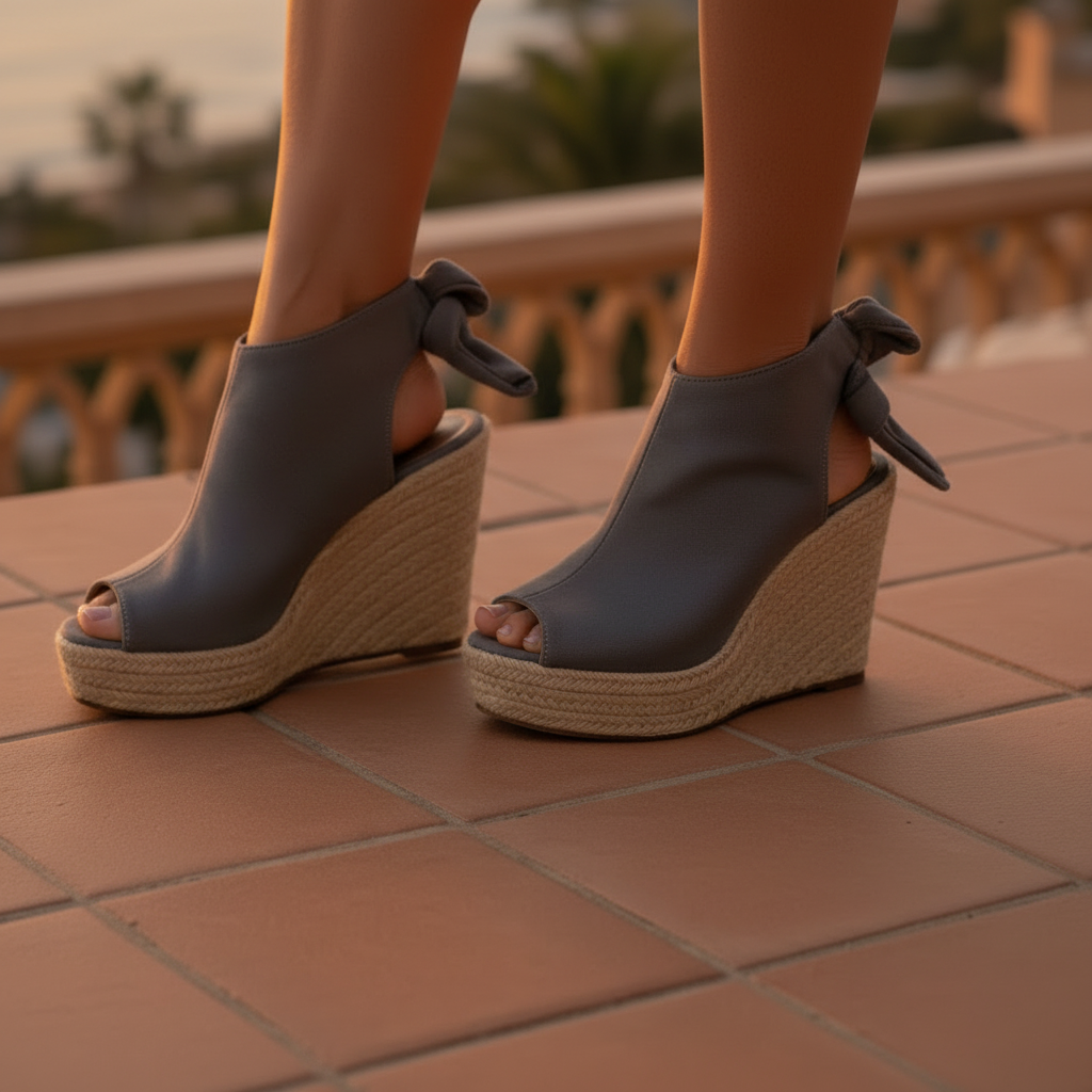 Close-up detail of Refresh Emery-03 gray espadrille wedge sandal ankle tie bow and jute heel texture