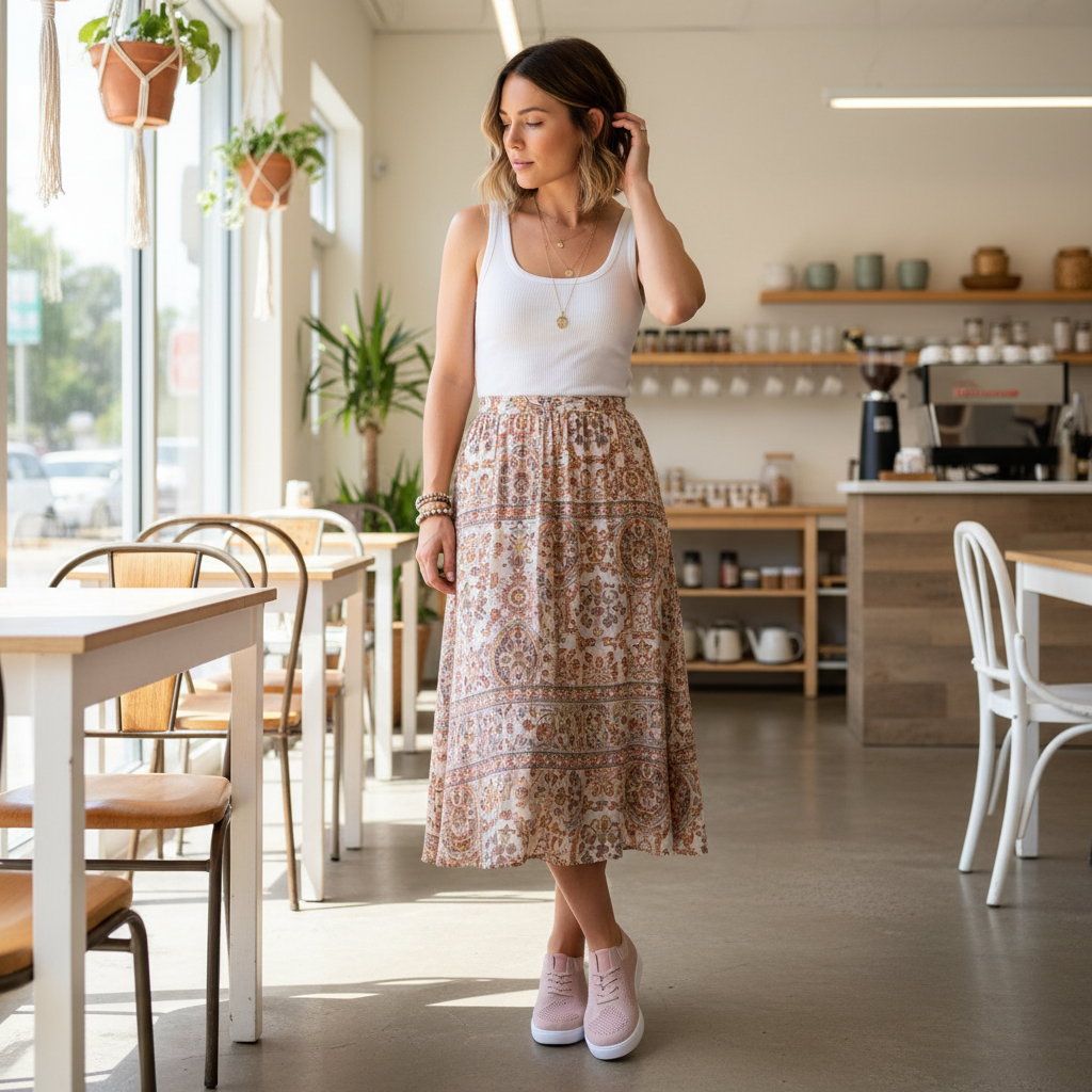 Women's mauve flyknit lace-up sneakers styled with a flowy midi skirt in a bright airy cafe interior