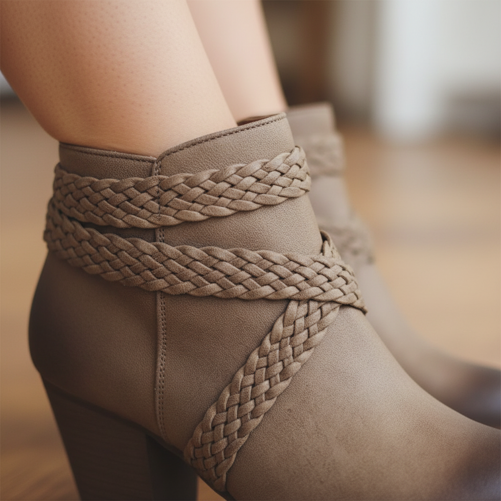 Close-up of braided cross-wrap strap detail on BellanBlue Lazzaro-2 taupe leather ankle bootie