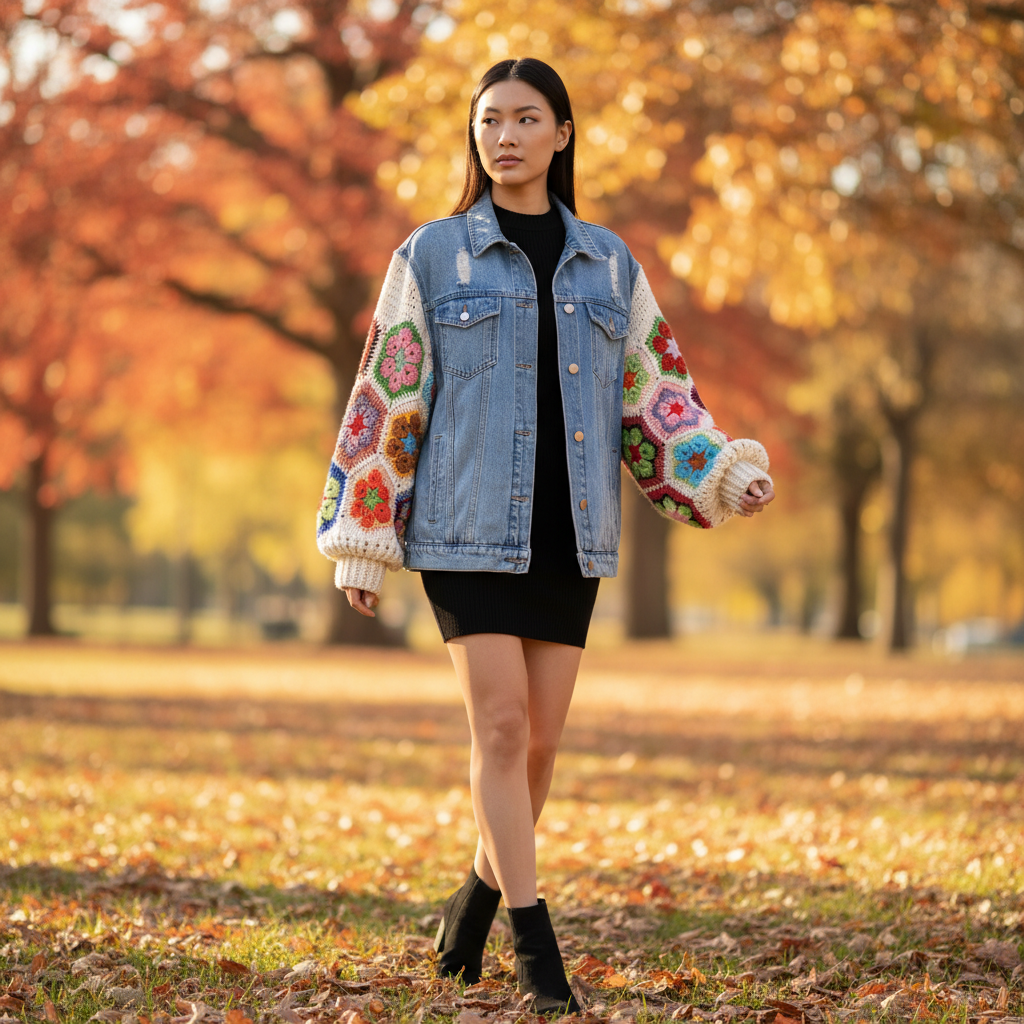 Women's crochet sleeve denim trucker jacket autumn park editorial black dress ankle boots