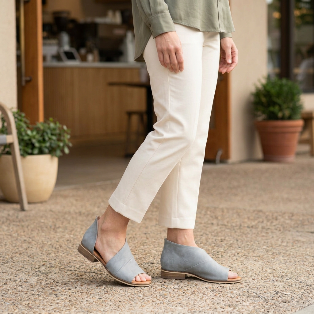 Women's gray open-toe cutout bootie sandals styled with cream trousers outside a cafe - BellanBlue