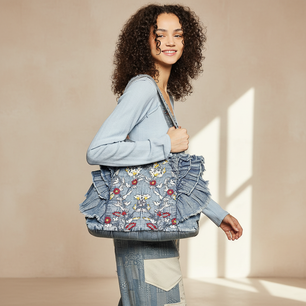 Women's denim ruffle tote bag with embroidery, walking lifestyle shot, relaxed boho style