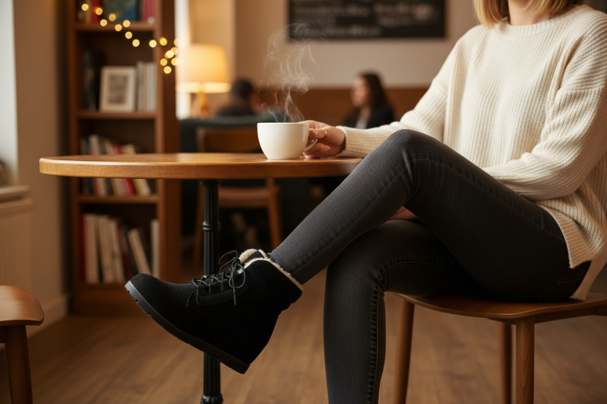 Black suede wedge ankle boots styled with jeans at cozy cafe setting