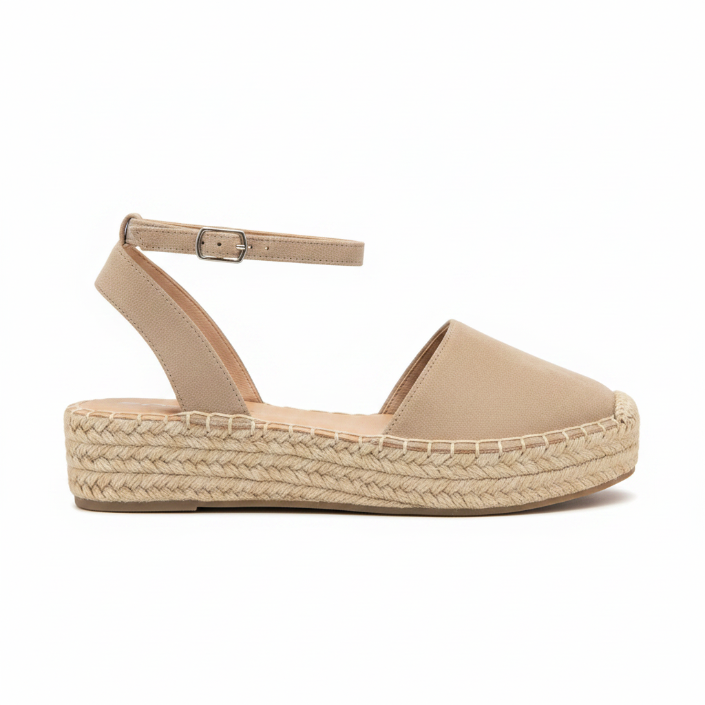 Women's taupe suede closed toe espadrille flatform sandal side profile showing woven jute rope platform and ankle strap with silver buckle