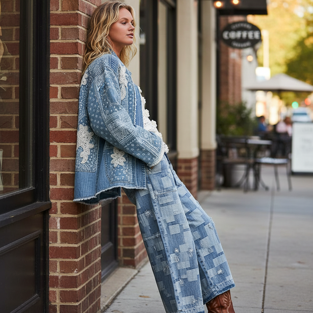 POL Clothing denim quilted open-front jacket with paisley patches, seated café styling, casual weekend look