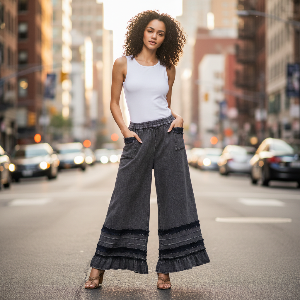 Women's charcoal wide-leg ruffle hem pants, relaxed fit, styled for a polished city street outfit - BellanBlue
