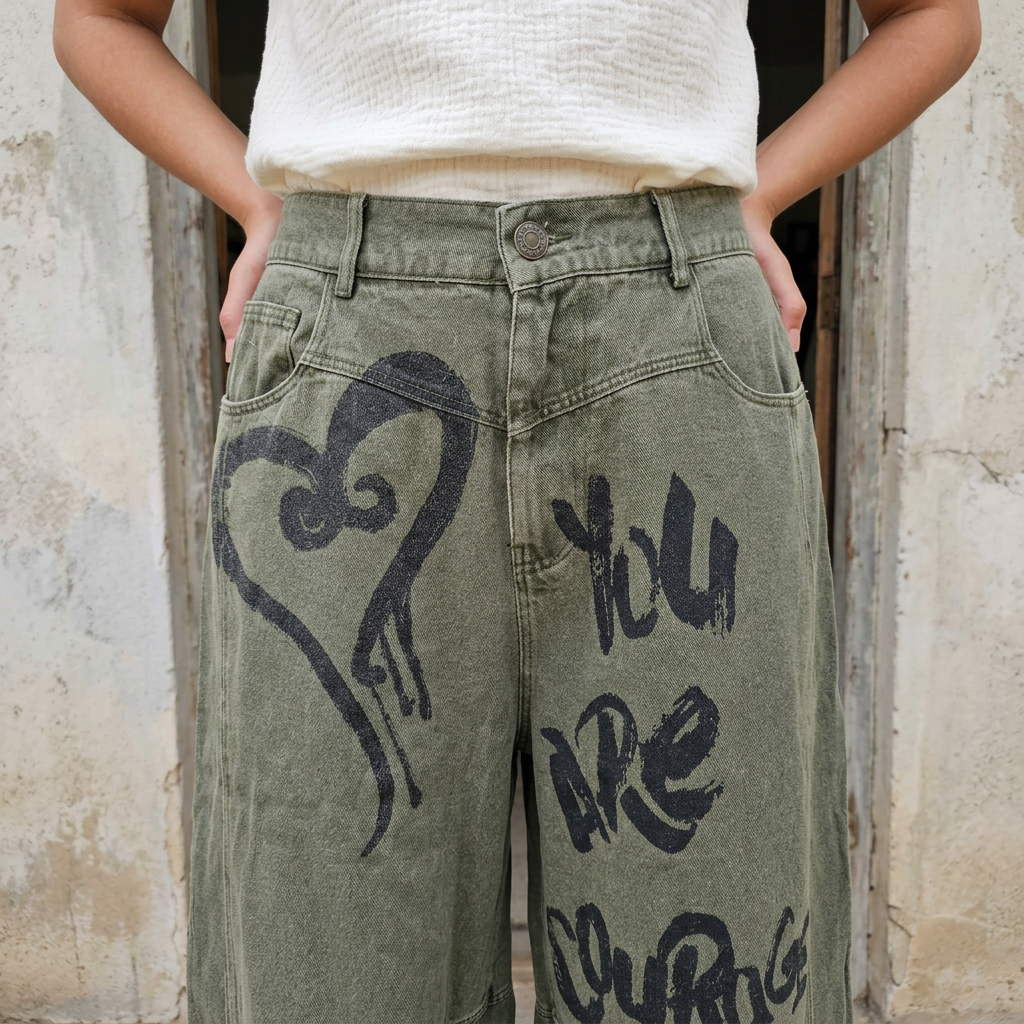 Close-up of olive jeans with a button waist, belt loops, curved seams, black heart, and handwritten-style lettering.