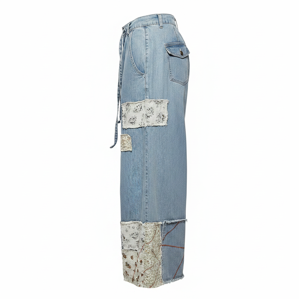 Women's light wash denim patchwork pants side view, wide-leg silhouette, tapestry panels, tie waist