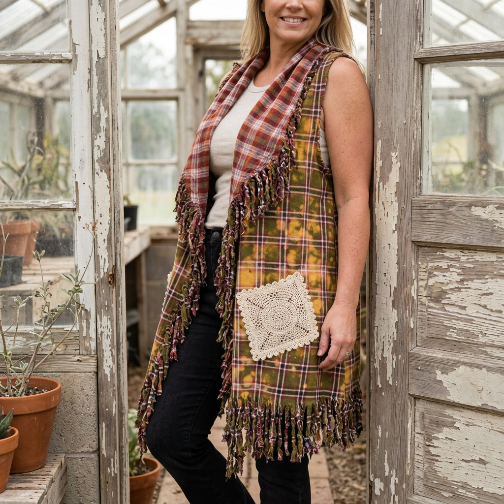 Three-quarter view of an olive plaid vest with a crochet pocket and fringe at a weathered greenhouse.