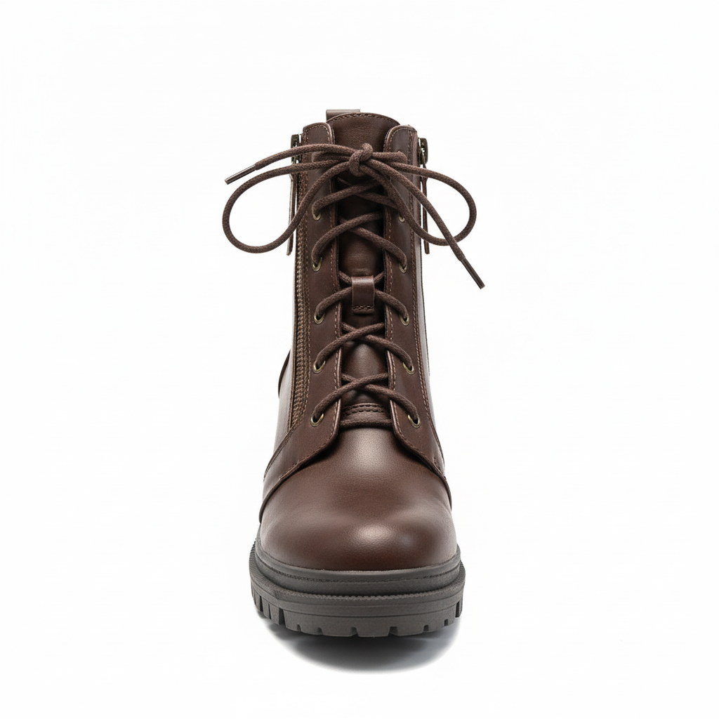 Women's brown combat ankle boots front view - lace-up design with side zipper and platform sole