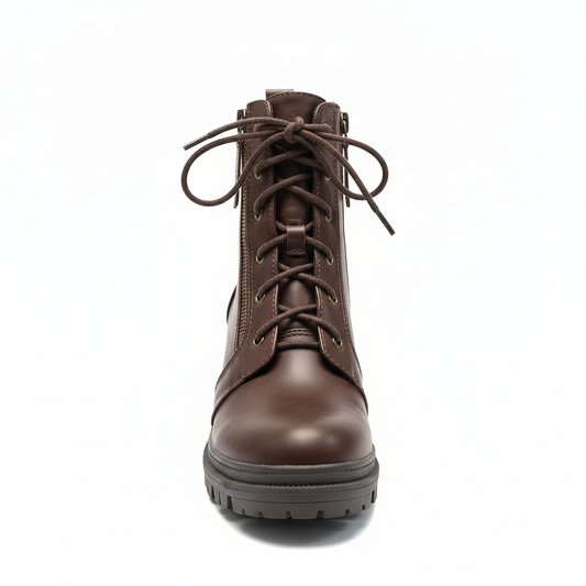 Women's brown combat ankle boots front view - lace-up design with side zipper and platform sole