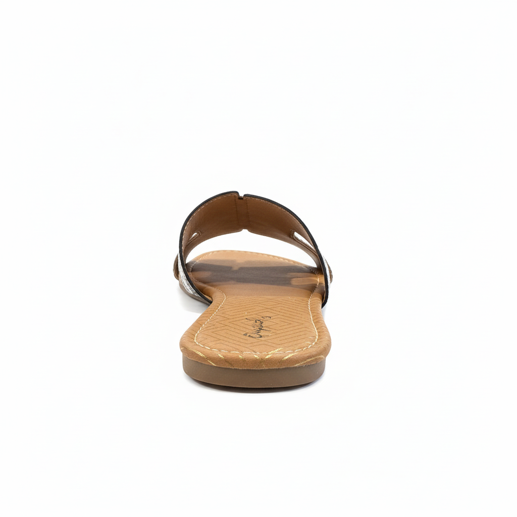 Black and white snake print slide sandals back view showing heel detail