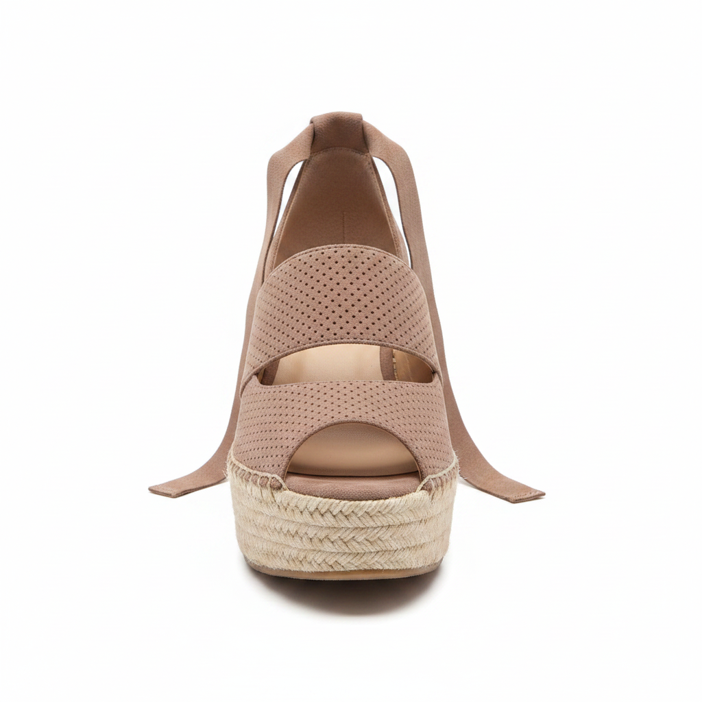 Taupe perforated suede espadrille wedge sandal, straight front view showing open peep toe and wide perforated vamp band