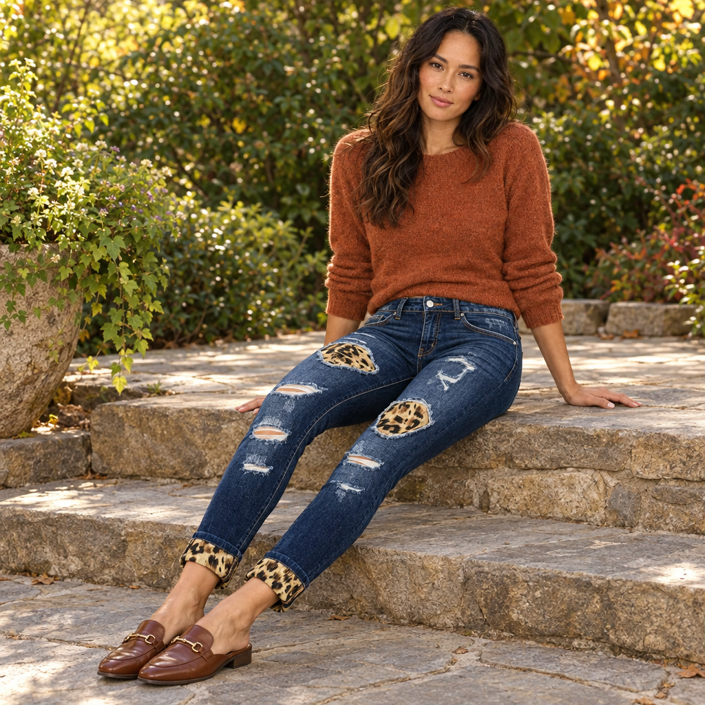 KanCan women's dark wash distressed leopard patch skinny jeans worn seated on garden steps with a rust sweater