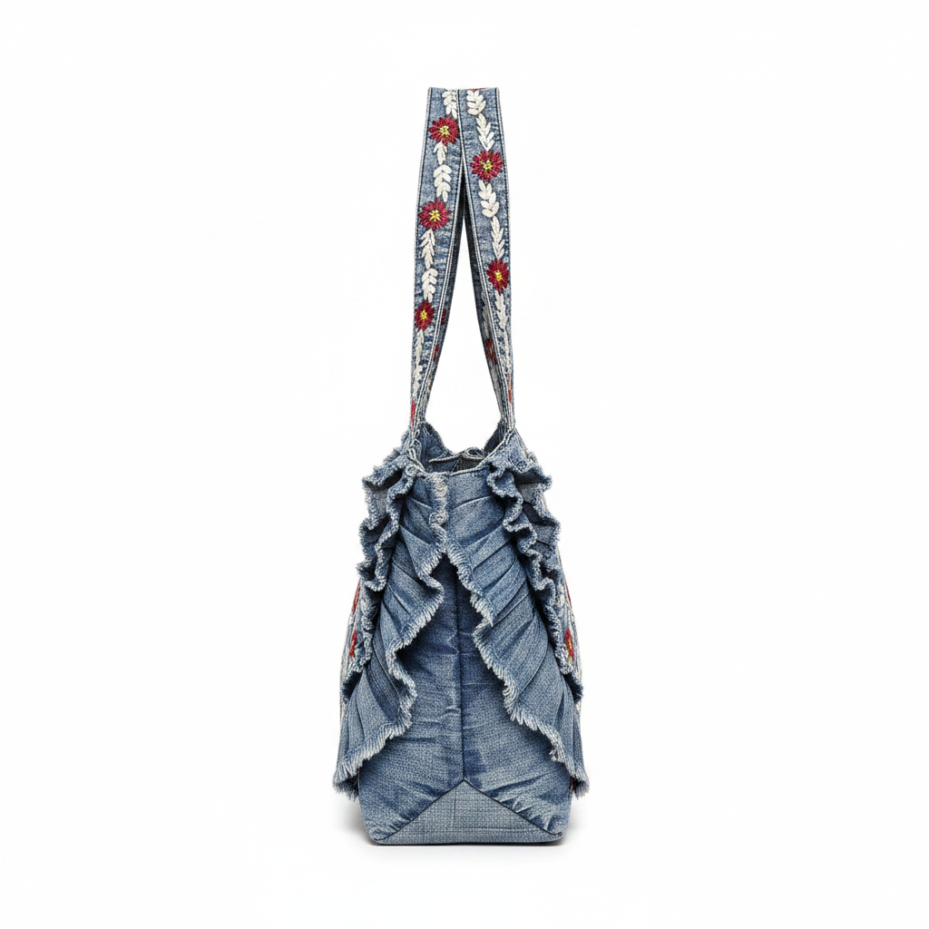 Women's denim ruffle tote bag side profile, gusset depth and silhouette, white background