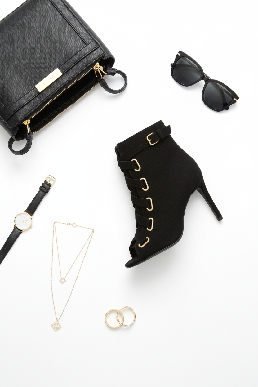 Flat lay styling photo featuring black peep-toe ankle booties with leather handbag and gold accessories