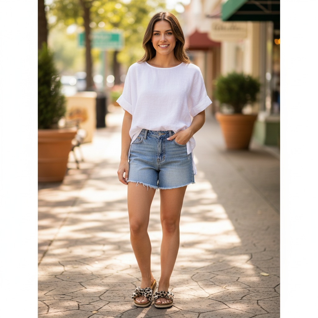 Qupid leopard print bow cork slide sandal worn with denim cutoffs on a sunny boutique sidewalk - BellanBlue
