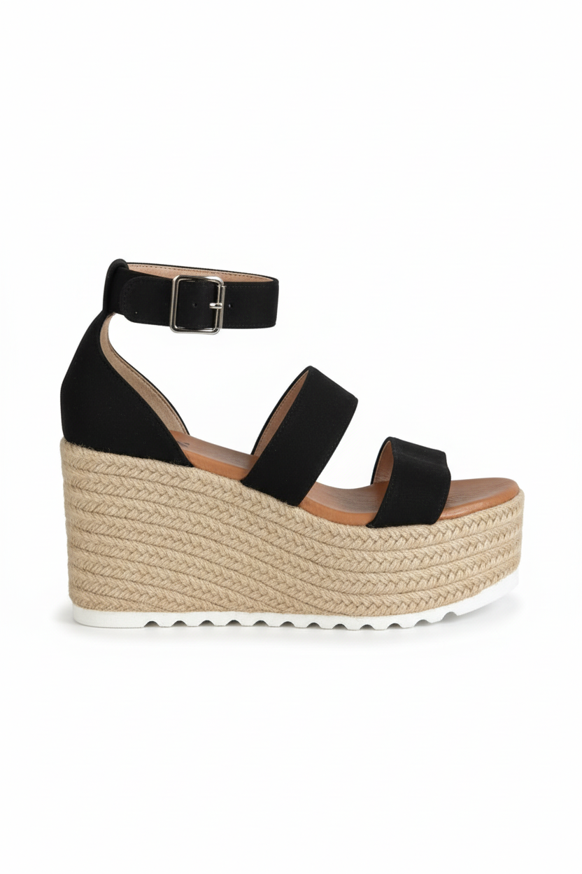 Black wedge sandal with espadrille sole on a white background