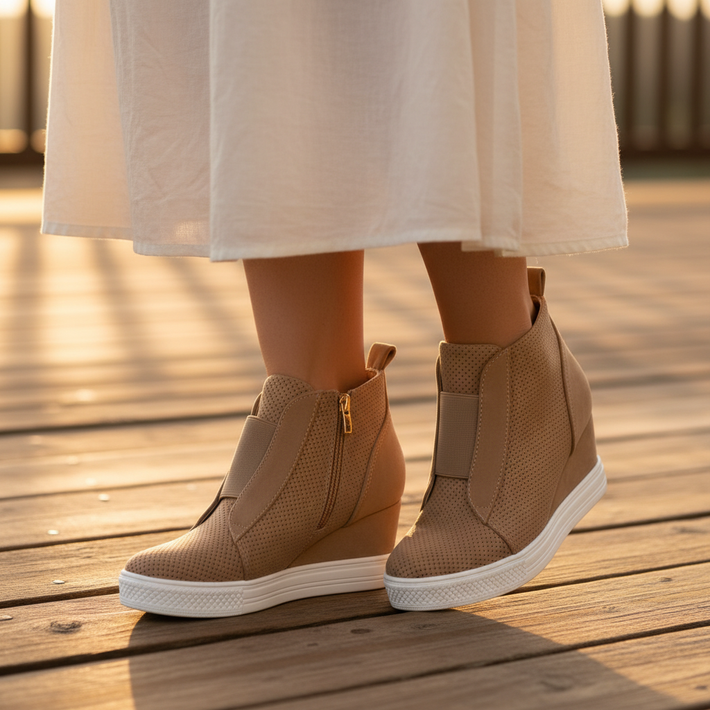 Woman wearing camel perforated wedge sneaker booties with gold zip and white platform sole, cream midi skirt, wooden deck golden hour