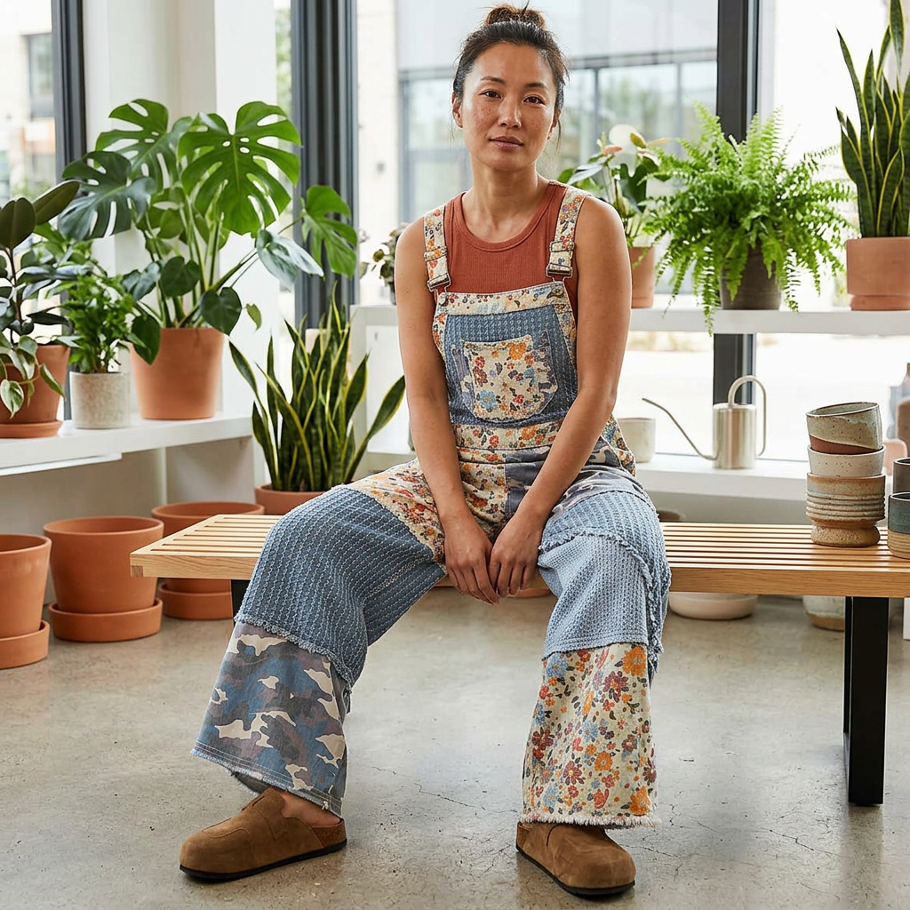 Model seated in blue patchwork wide-leg overalls with floral panels and brown clogs in a bright plant shop.