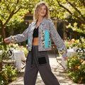 POL women's floral denim cropped jacket with turquoise knit inserts and butterfly tapestry cuffs, outdoor brunch styling