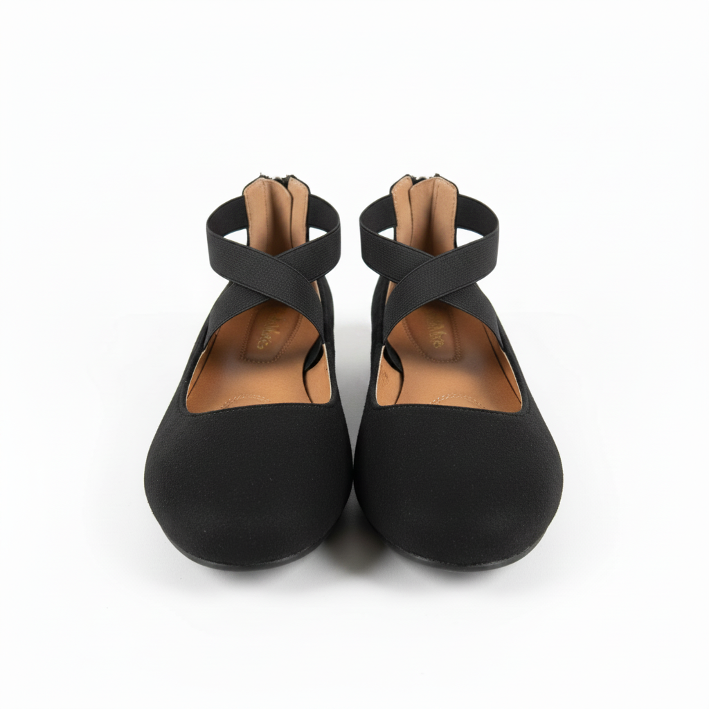 Pair of Bella Marie black suede ballet flats, straight front view showing round toe and crisscross ankle straps on white background